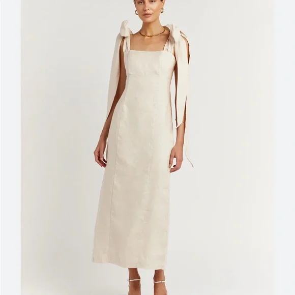 chinese dress ladies Midi Cold Shoulder Linen Dress THASSOS in White main image 0